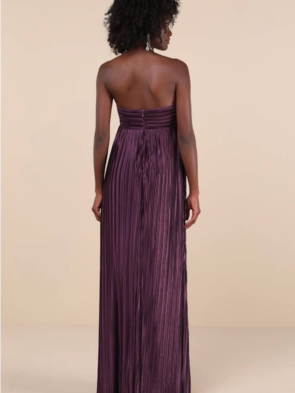 Lulus Whimsical Beauty Satin Pleated Plisse Strapless Maxi Dress Dark Purple - Picture 14 of 16